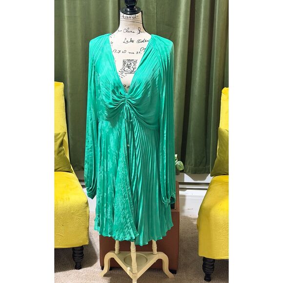 BANANA REPUBLIC | NWT | Size 16 Tall | Emerald Pleated Jacquard Tie-Front Dress - Picture 2 of 9